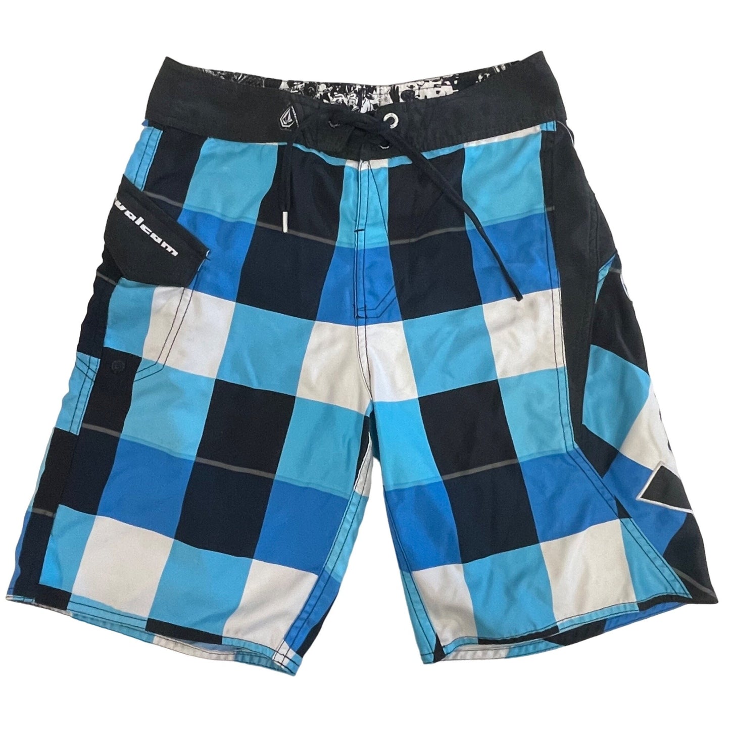 Volcom Boys 12 Blue Ice Plaid Boardshorts Swim Surf Trunks Pocket Logo Spellout