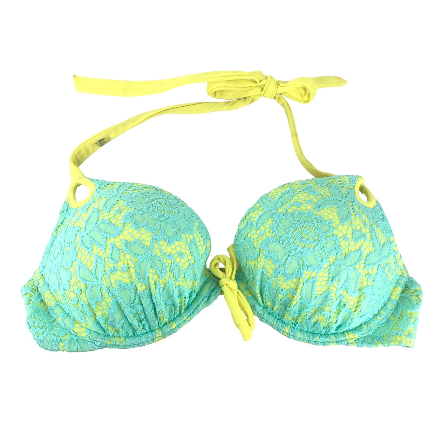 Victoria Secret 34B Teal Yellow Lace Bikini Swim Top Push Up Halter Neck Tie