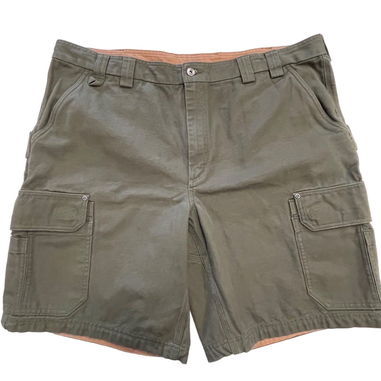 Duluth Trading Mens 46 Green Thick Canvas Cargo Shorts Utility Pockets Belted