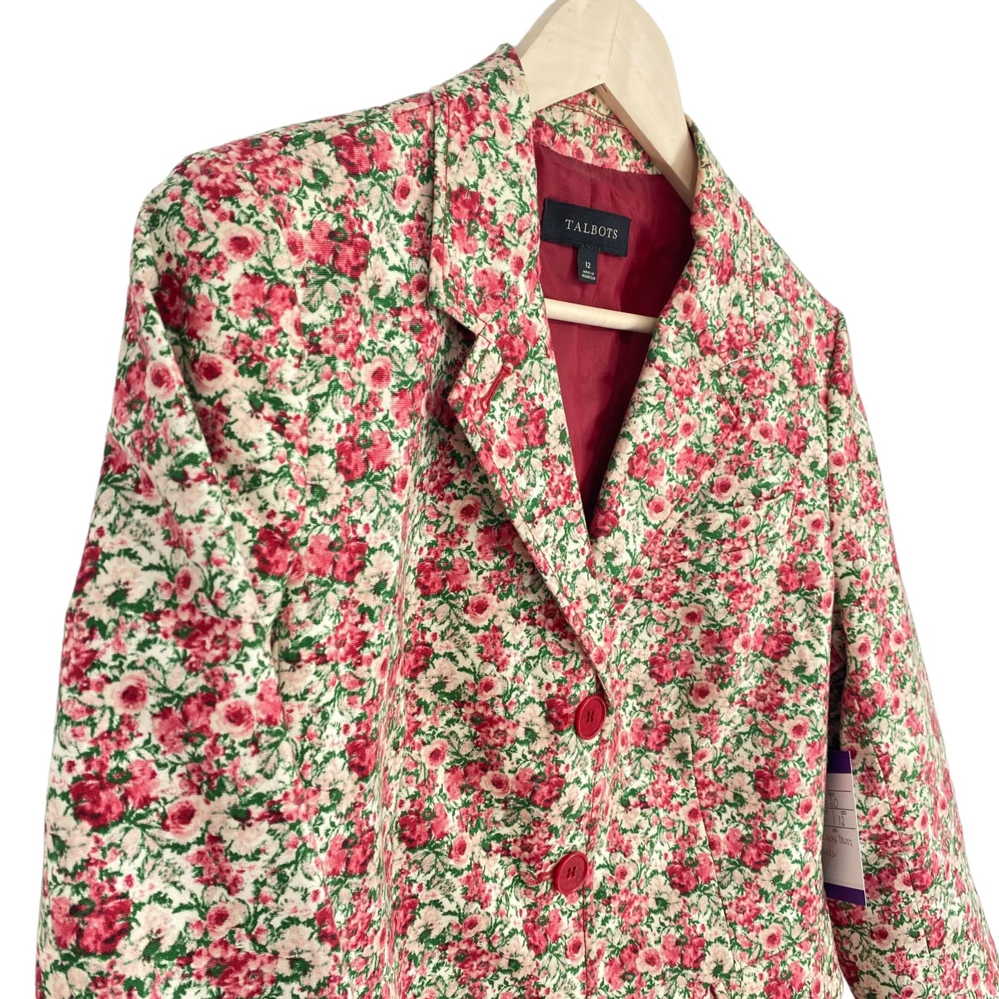 Talbots Womens 12 Floral Print Blazer 3 Button Closure Lined Pink Green White