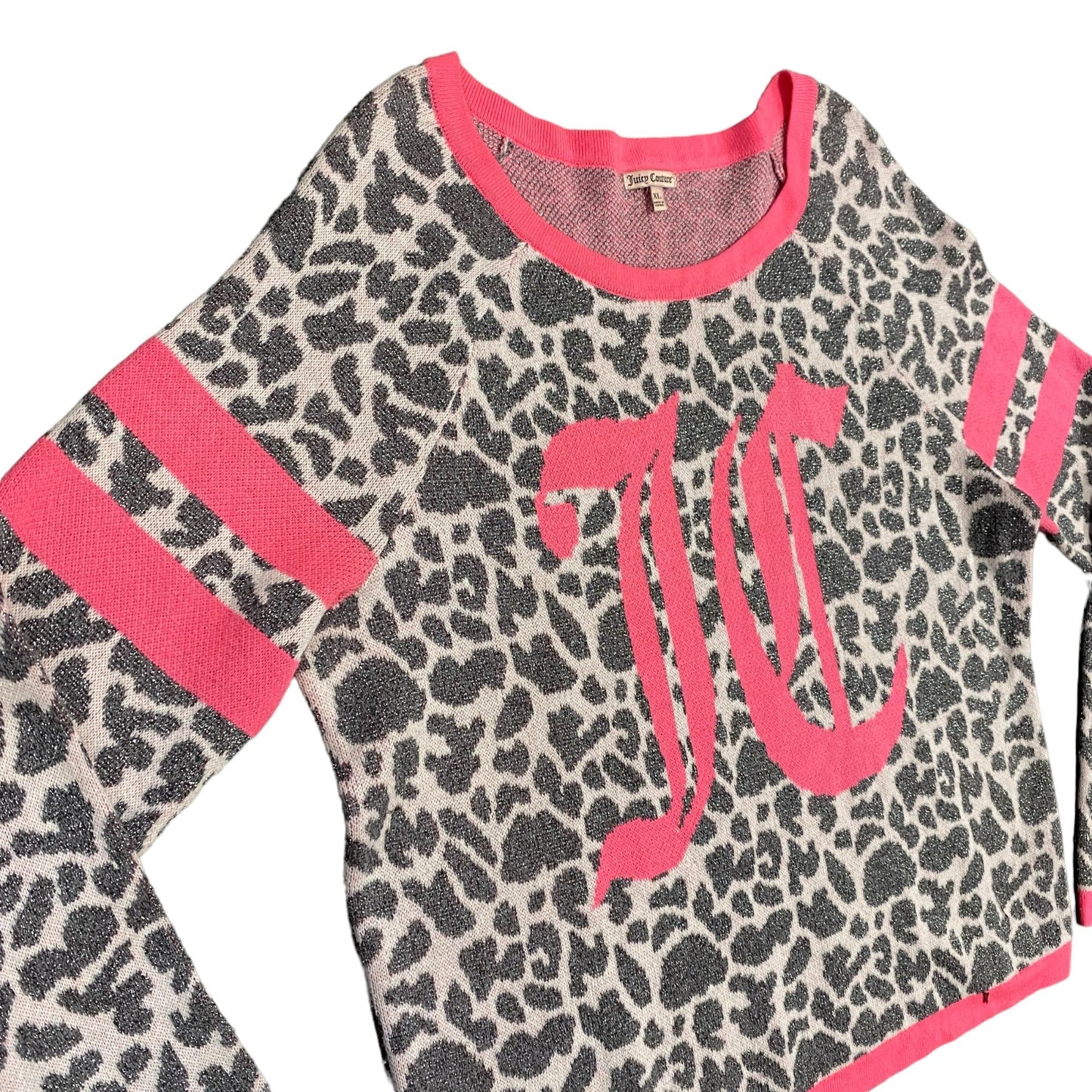 Juicy Couture Womens XL Metallic Leopard Print Pullover Sweater Pink Logo Gray