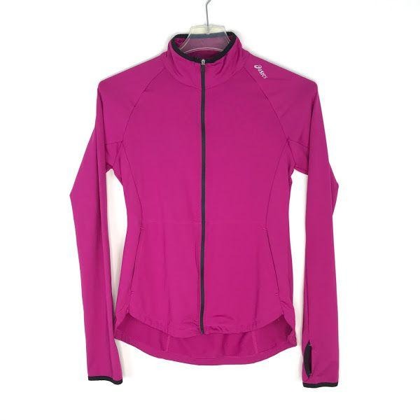 Asics Womens M Athletic Layering Jacket Zip Front Thumb Holes Pink Long Sleeve