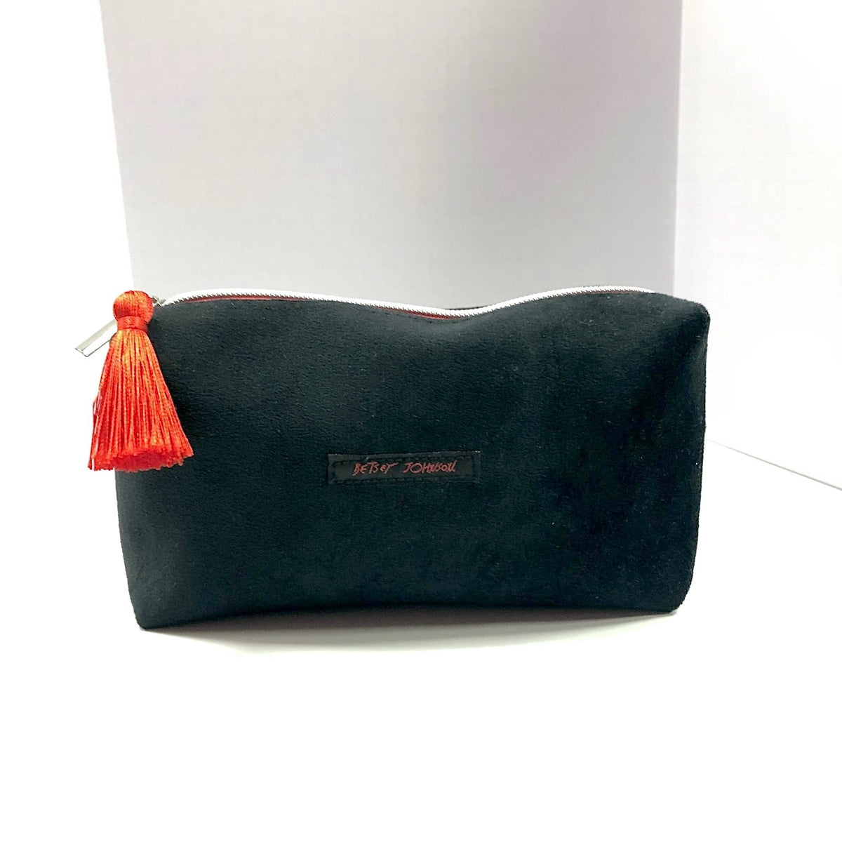 Betsey Johnson Black Velvet Cosmetic Bag Red Tassel Zipper Closure