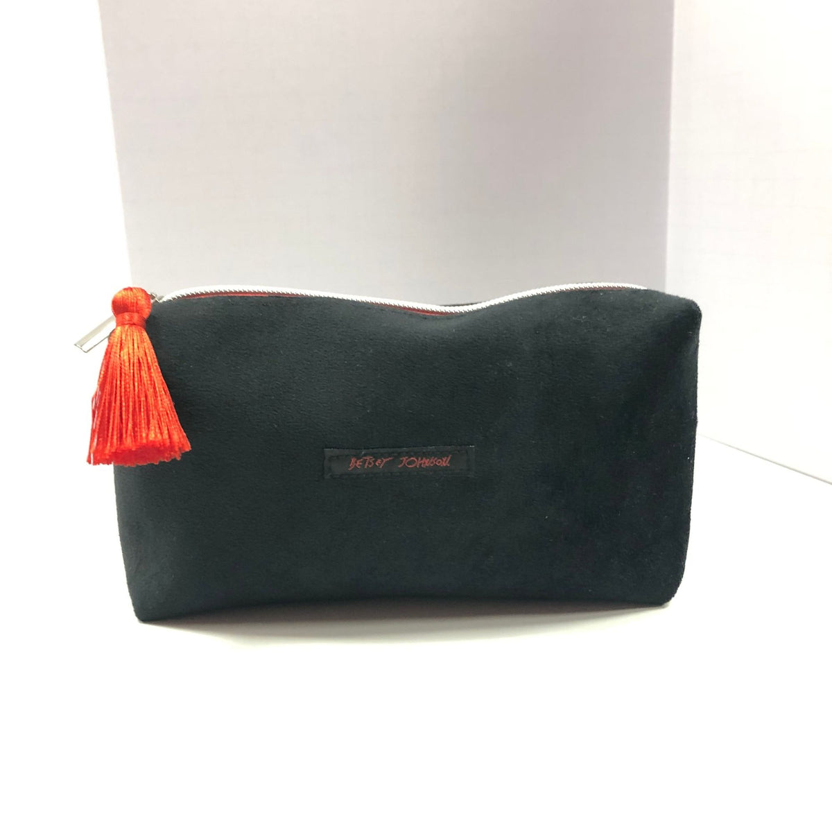 Betsey Johnson Black Velvet Cosmetic Bag Red Tassel Zipper Closure
