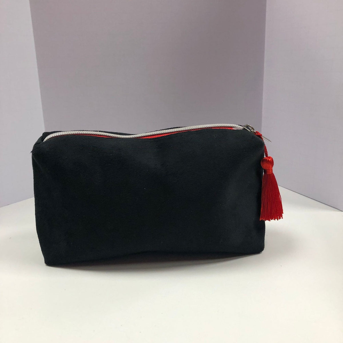 Betsey Johnson Black Velvet Cosmetic Bag Red Tassel Zipper Closure