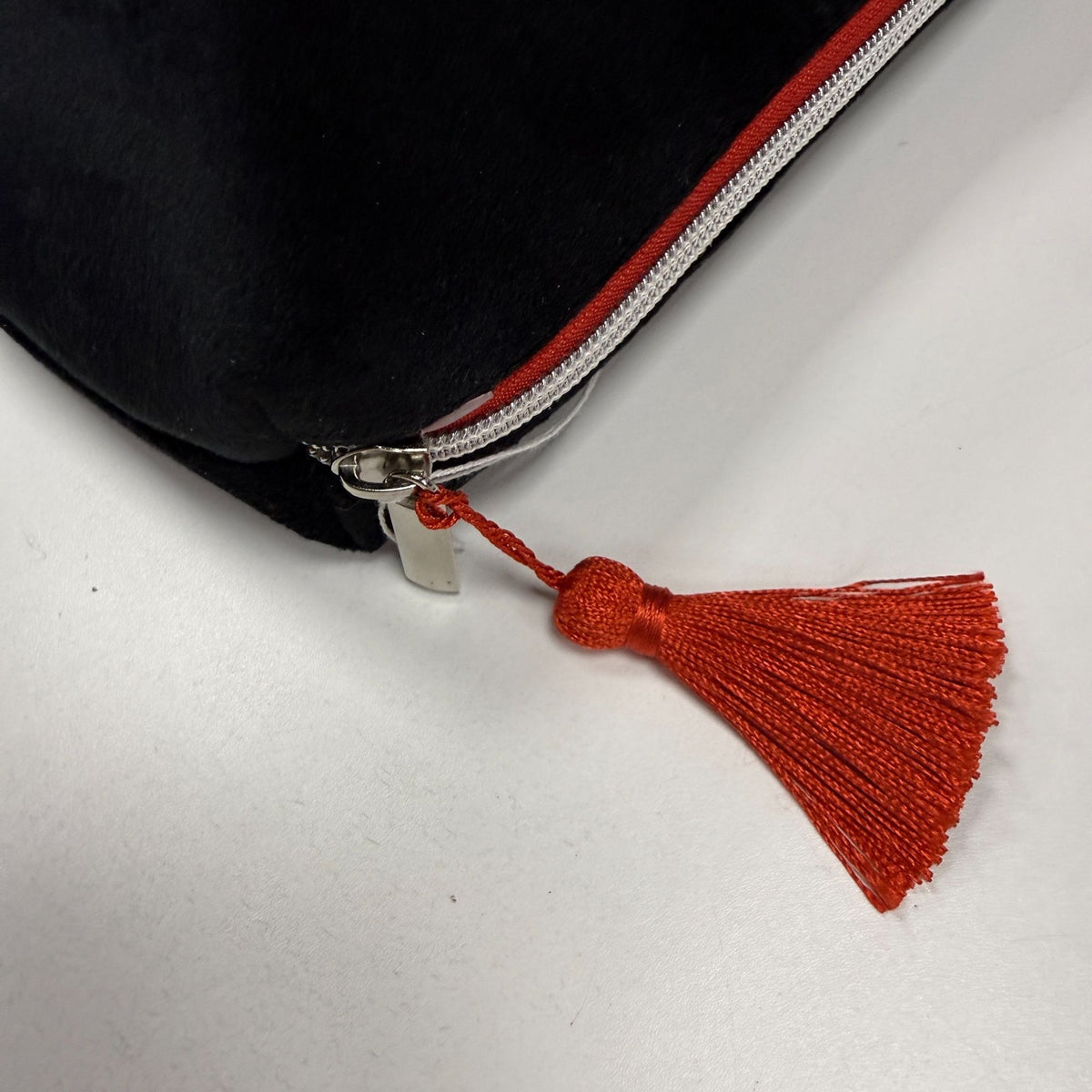 Betsey Johnson Black Velvet Cosmetic Bag Red Tassel Zipper Closure