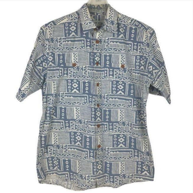 Orvis M Aztec Button Down Wood Button Shirt Short Sleeve Collared Front Pockets