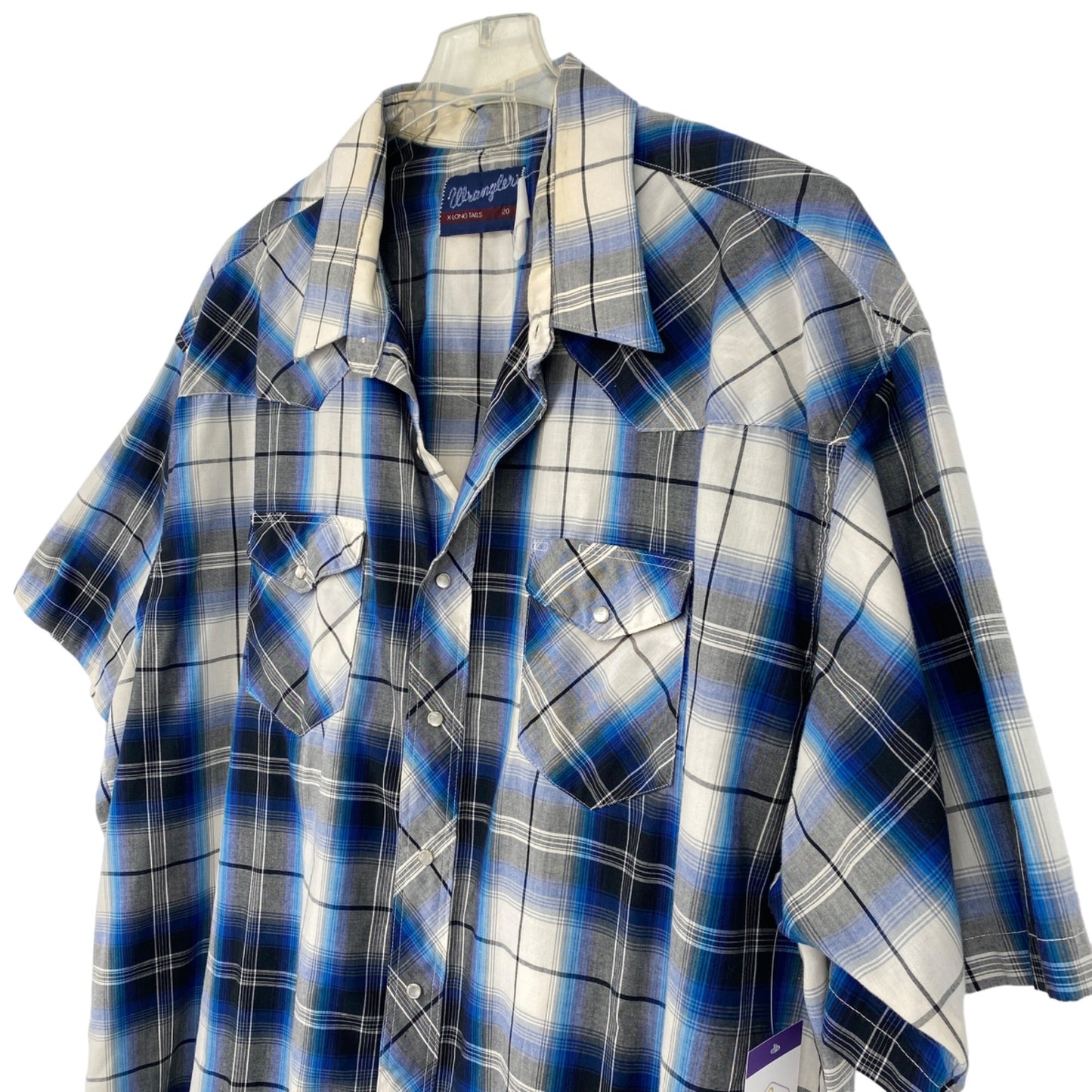 Wrangler Mens 20 Short Sleeve Pearl Snap X Long Tails Blue White Plaid Thin