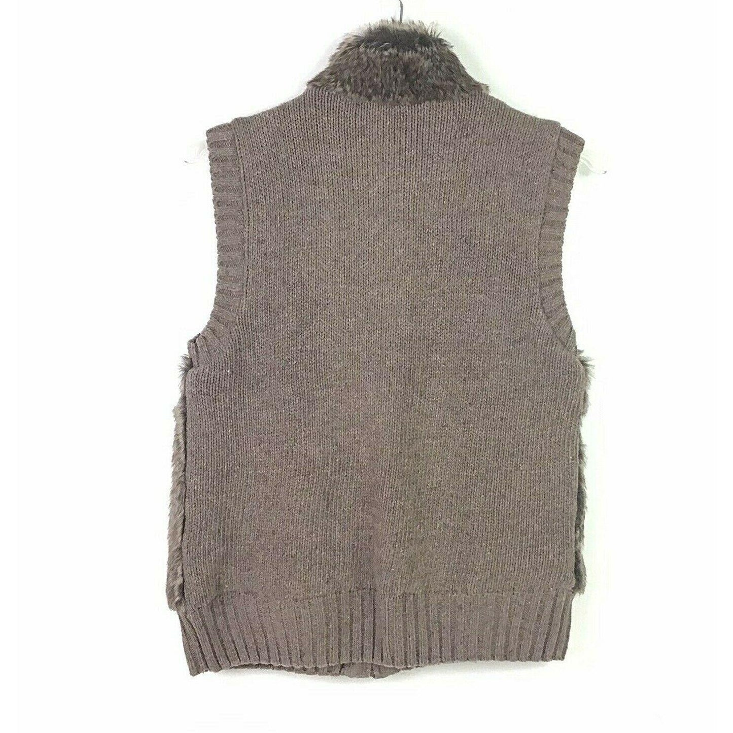 Fuda Womens L Brown Faux Fur Sweater Vest Full Zip Lined Soft Pockets Cable Knit