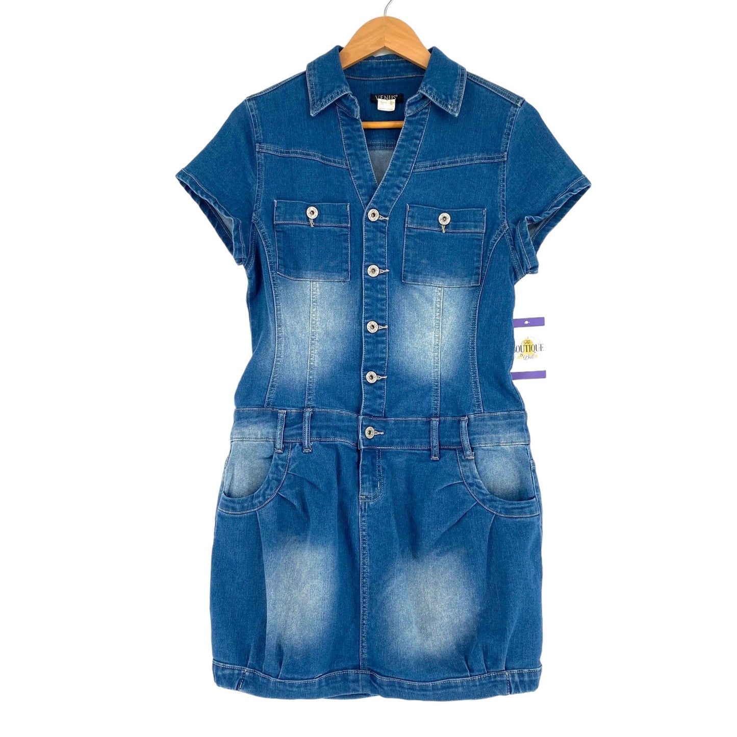 Venus Denim Mini Shirt Dress Vintage Y2K Faded Bubble Hem Pockets Size US 10