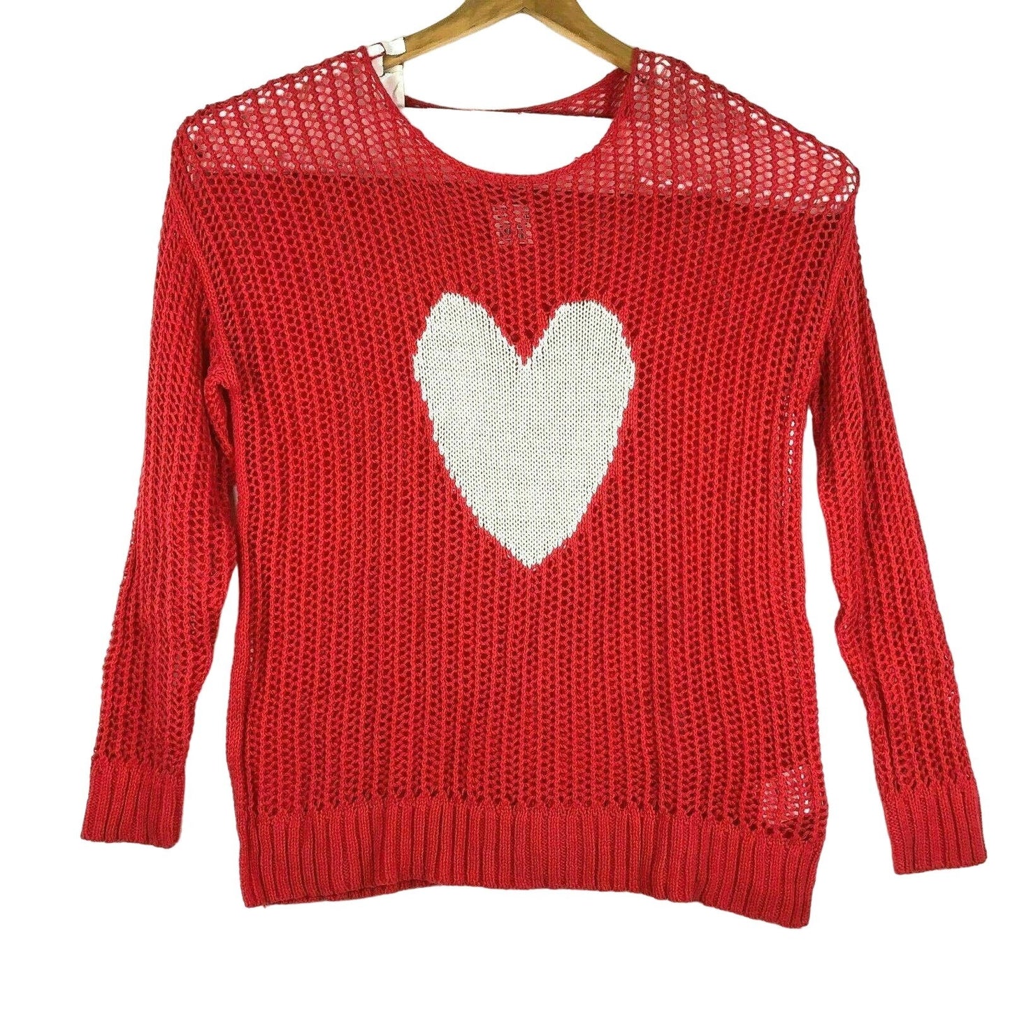 NWT Motherhood Maternity Heart XL Sweater Open Knit Long Sleeve Red White Casual