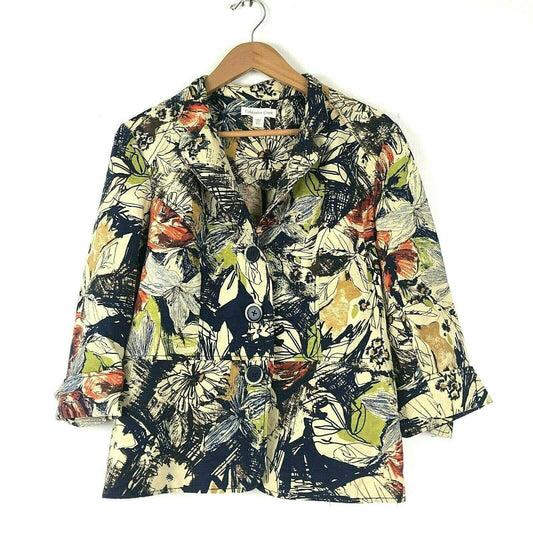 Coldwater Creek Womens 12P Floral Blazer 3 Button 3/4 Sleeve Jacket Tropical