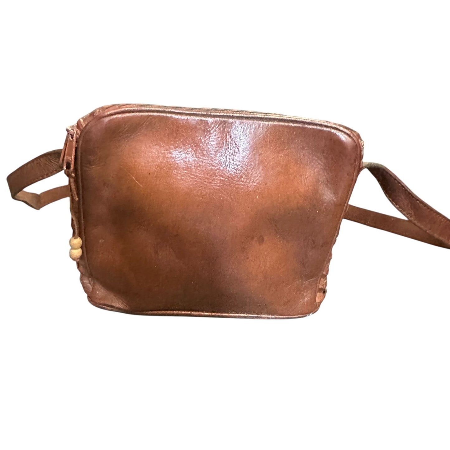 Vintage Unisa Tan Leather Woven Crossbody Bag Made In Brazil