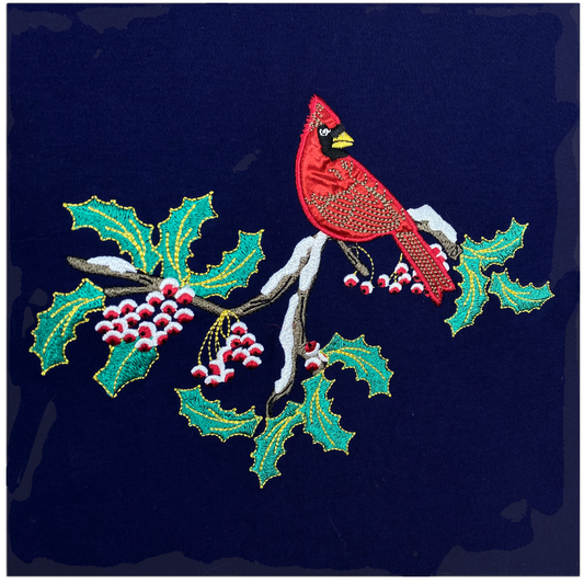 Vintage Red Cardinal Holiday TShirt Blue S/S Embroidered Basic Editions 2XL