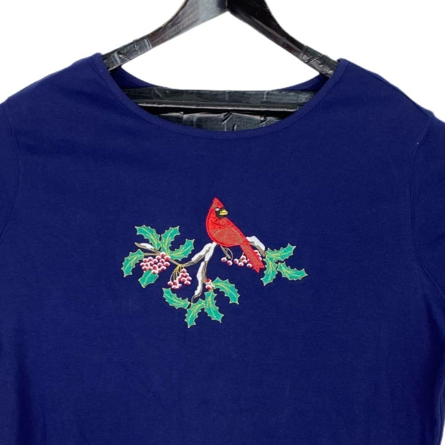 Vintage Red Cardinal Holiday TShirt Blue S/S Embroidered Basic Editions 2XL