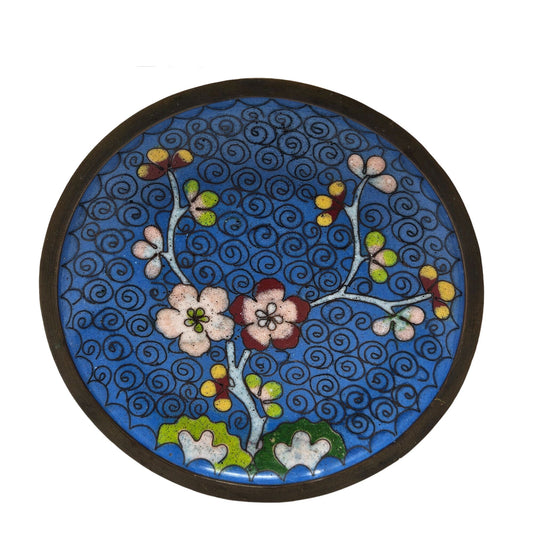 Vintage Cloissone Chinese Round Plate Blue Floral Pattern Home Decor Dining