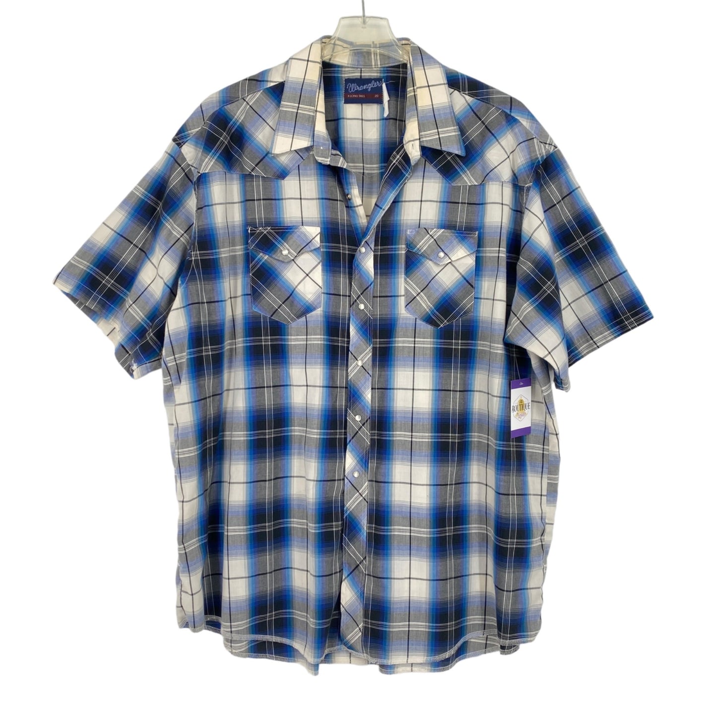 Wrangler Mens 20 Short Sleeve Pearl Snap X Long Tails Blue White Plaid Thin