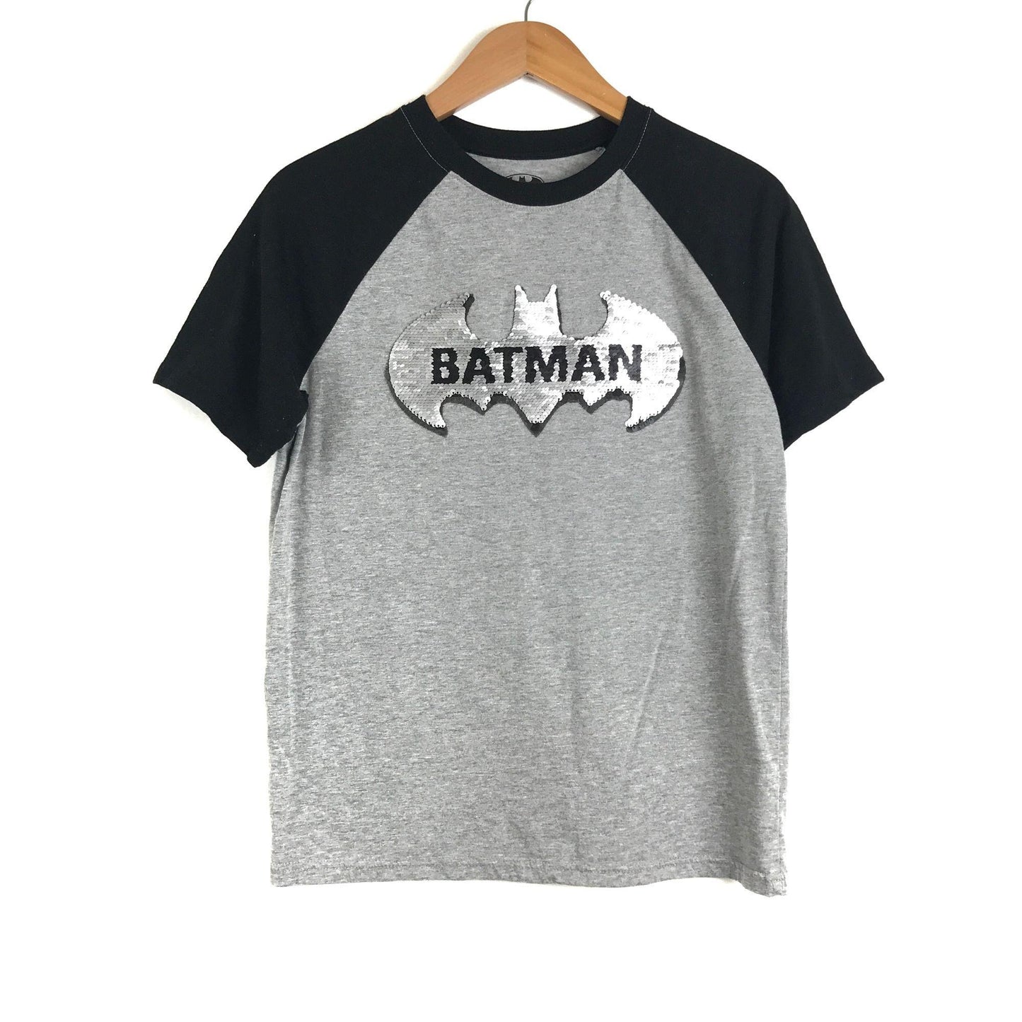 Batman XL 14/16 Raglan TShirt Double Sequin Bat The Caped Crusader Black Gray