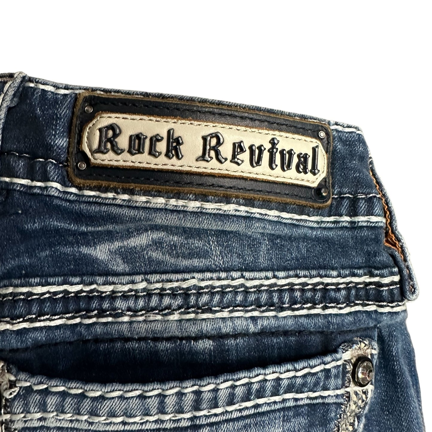 Rock Revival Lanlan Bootcut 27 Jeans Swarovski Leather Insert Faux Flap Pocket