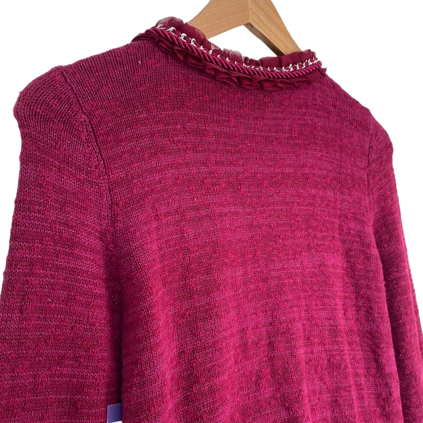 White House Black Market S Fuchsia Pink Cardigan Sweater Chain Ruffle Trim