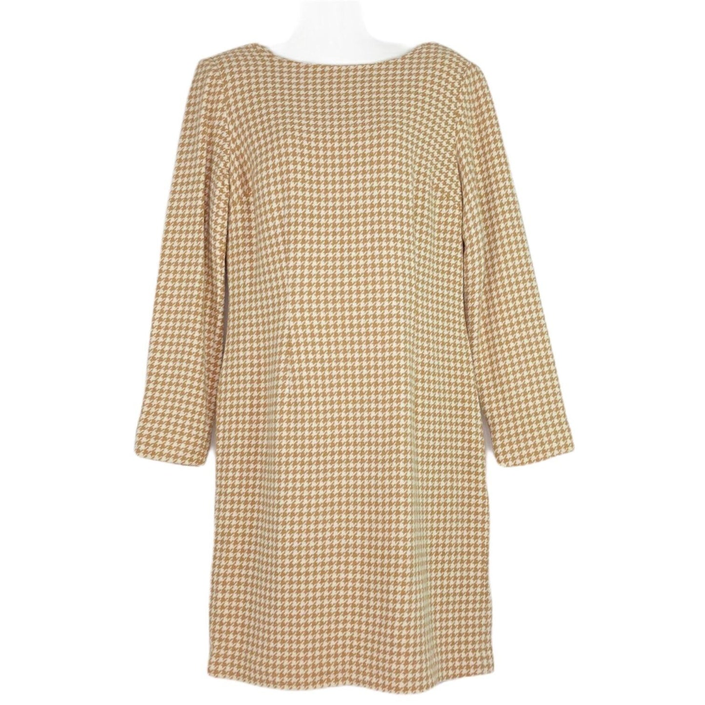 Chadwicks 12 Shift Dress Beige Houndstooth Long Sleeve Round Neck Knee Length