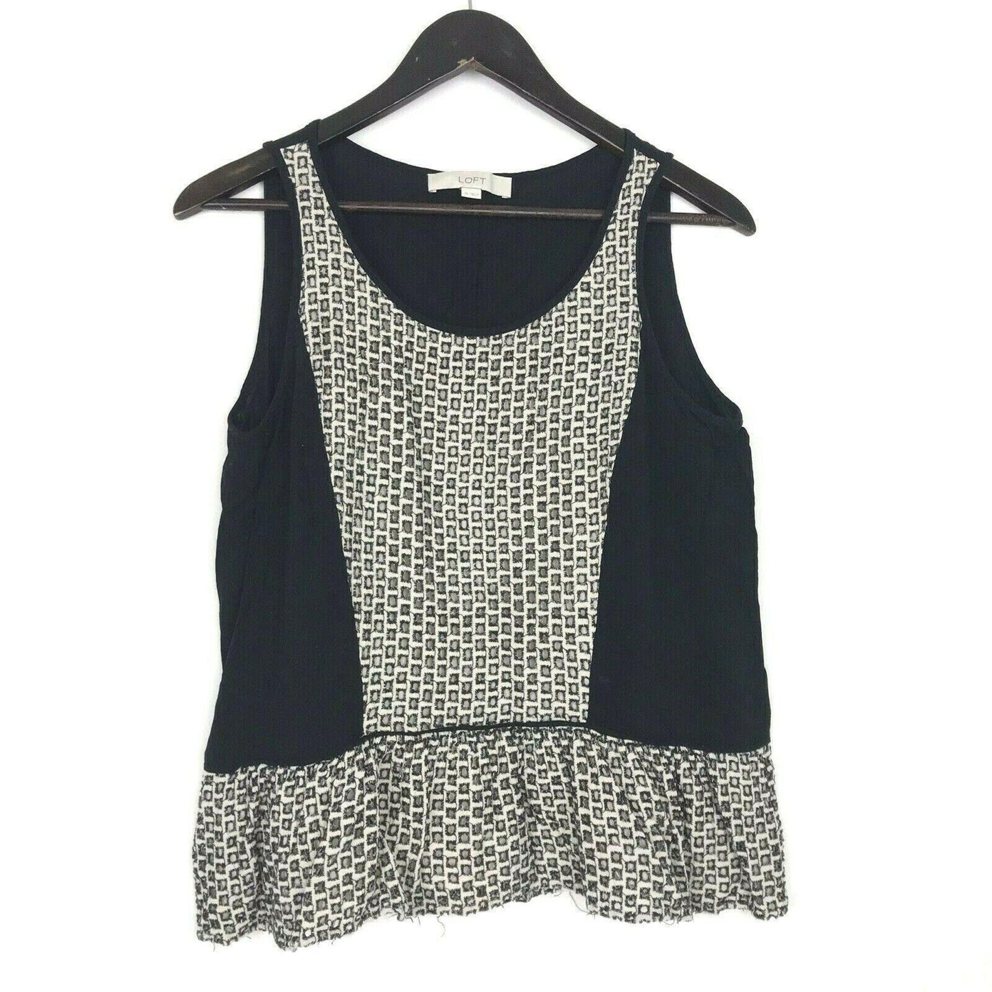 LOFT Womens M Shirt Black Ivory Peplum Square Eyelet Sleeveless Blouse Tank Top