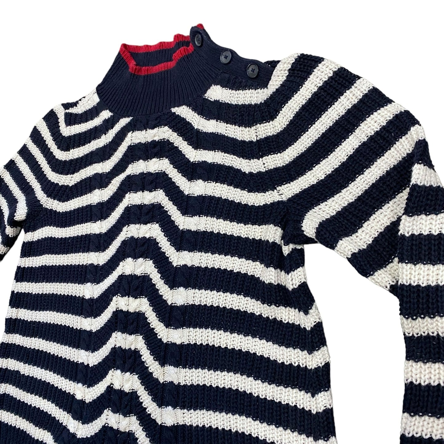 LOFT S Striped Sweater Blue Red White Mock Neck Boyfriend Cable Knit Ribbed