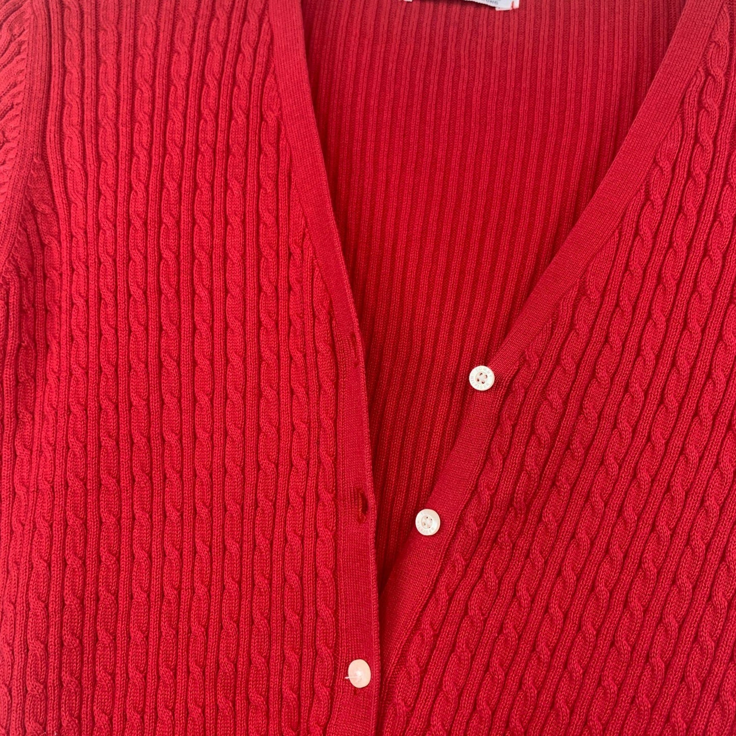 Vintage Tommy Hilfiger L Red Cardigan Sweater VNeck Ribbed Preppy White Blue Hem