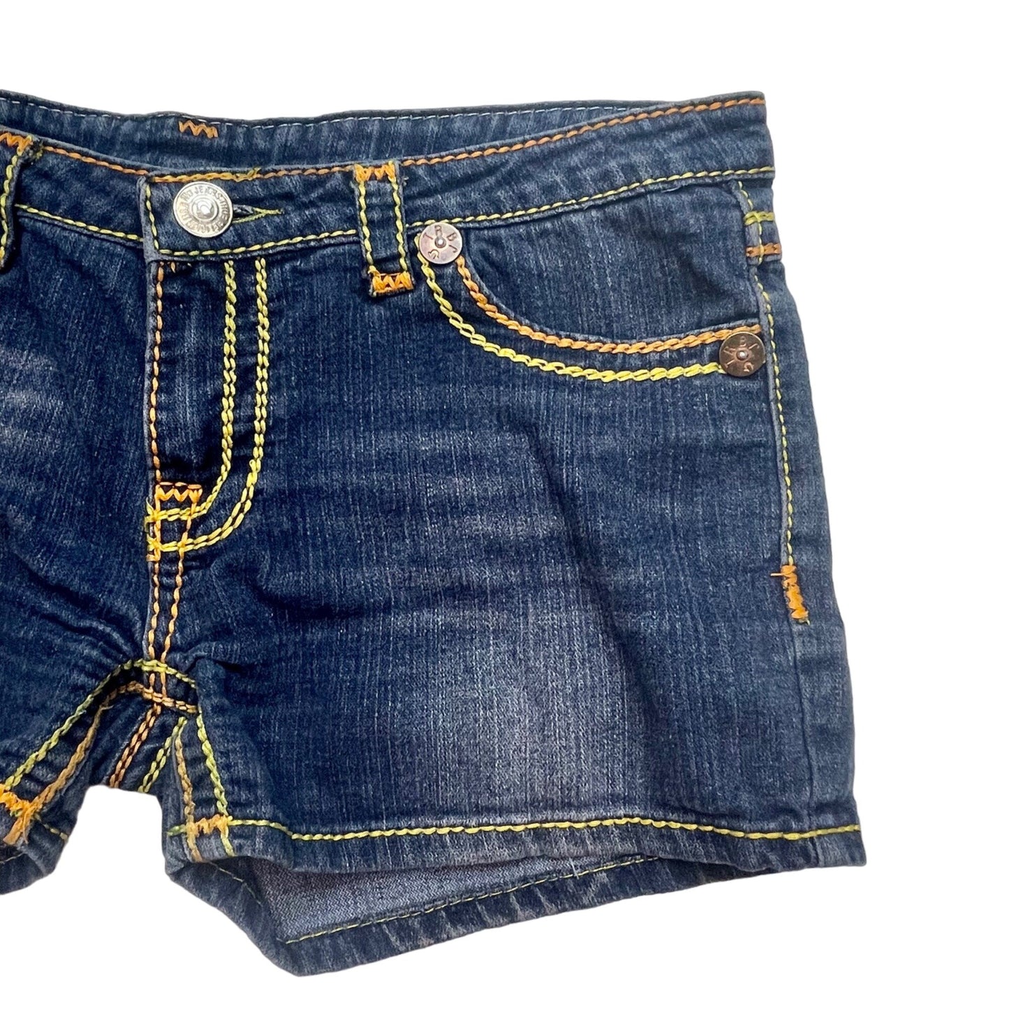 True Religion Womens 32 Joey Super T Shorts Blue Denim Thick Yellow Stitching