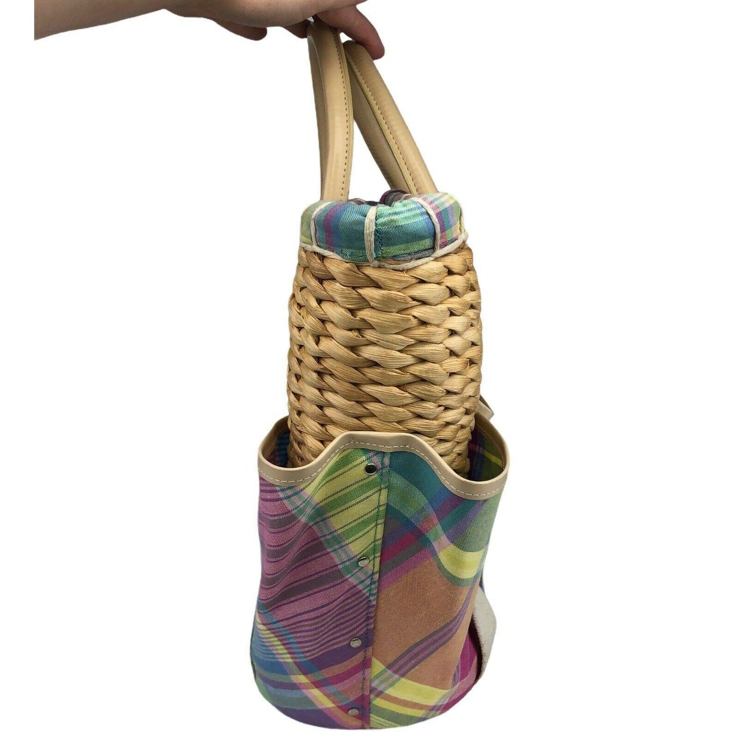 LRL Ralph Lauren Madras Plaid Tote Bag Picnic Basket Wicker Straw Preppy Beach