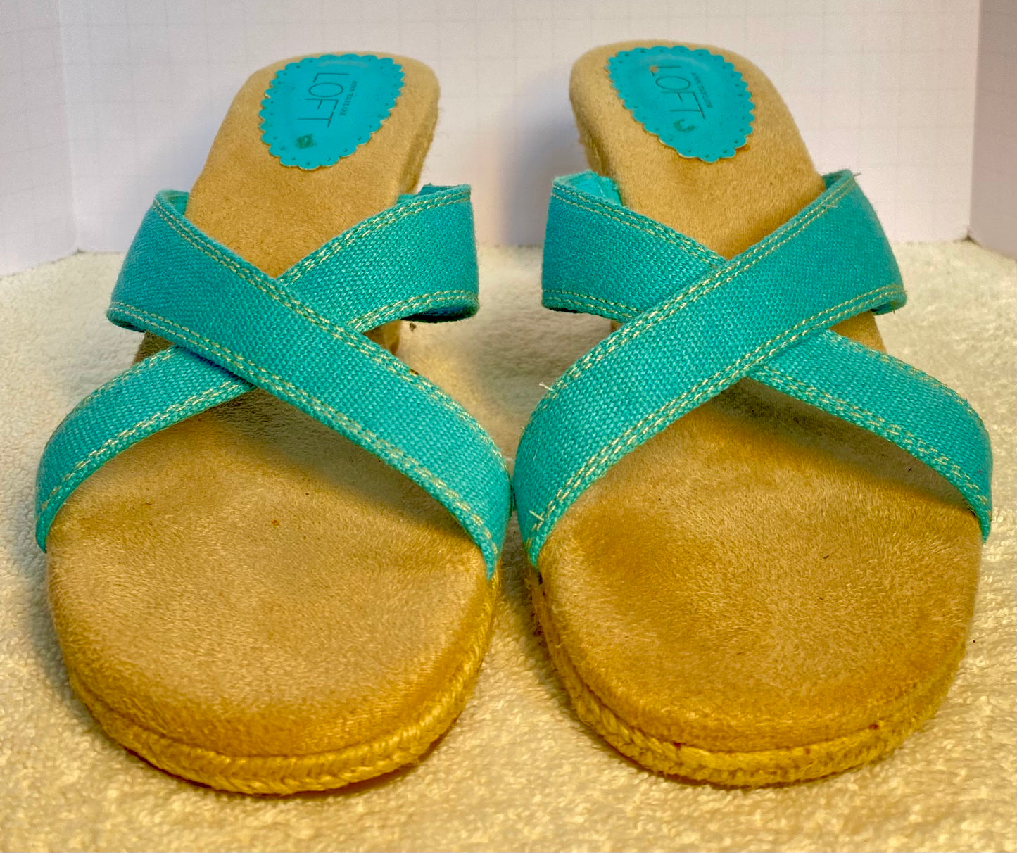 Ann Taylor Loft Size 6 Turquoise Wedge Espadrille Sandal Crisscross Fabric Strap