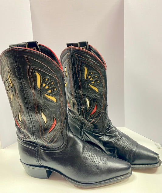 Vintage Acme Leather Cowboy Boot 7.5 Decorative Tulip Floral Inlay