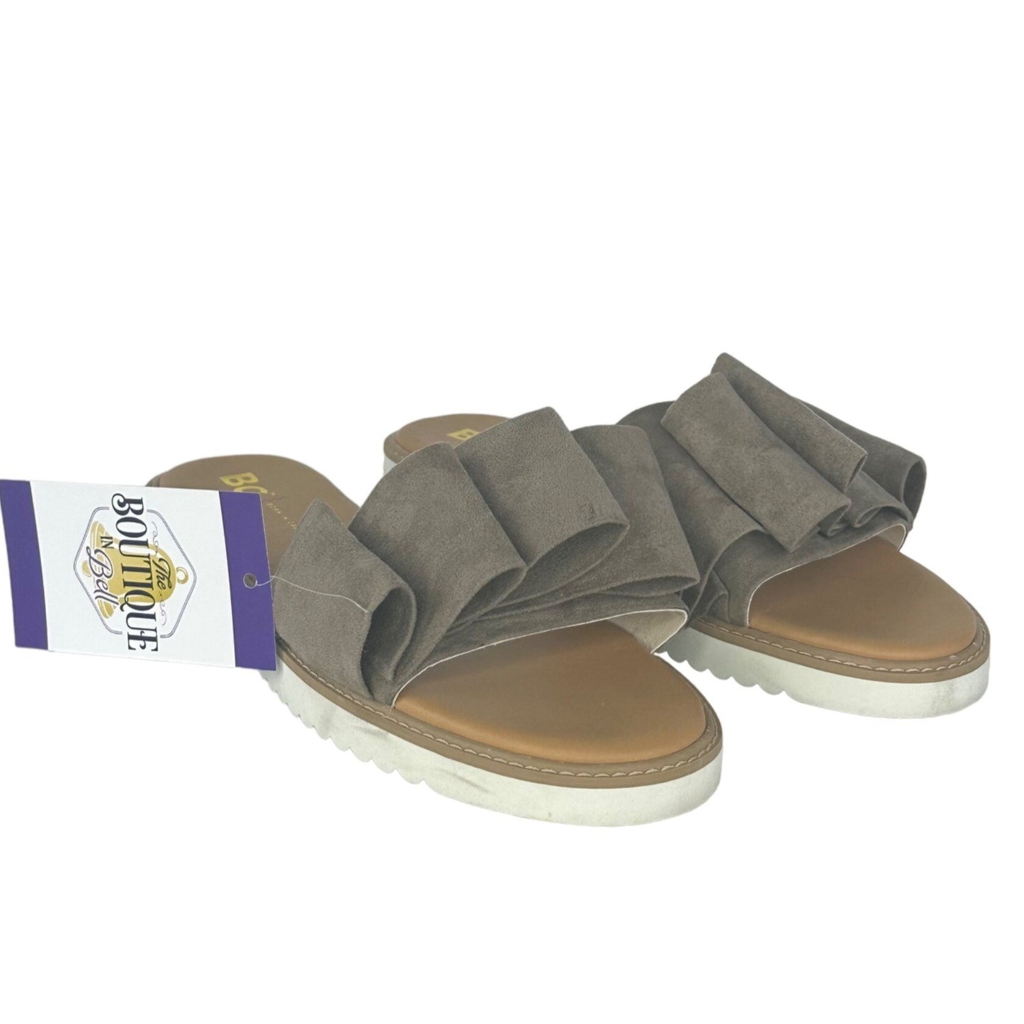 NWT BC Footwear Womens 7.5 Taupe Slip On Sandals Flat Open Toe Ruffle Casual