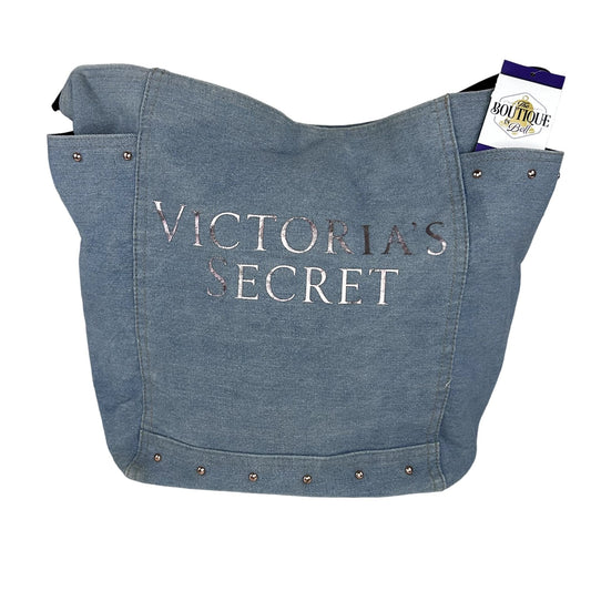 Victorias Secret Demin Tote Bag Light Blue Jean Rose Gold Studded Beach Weekend