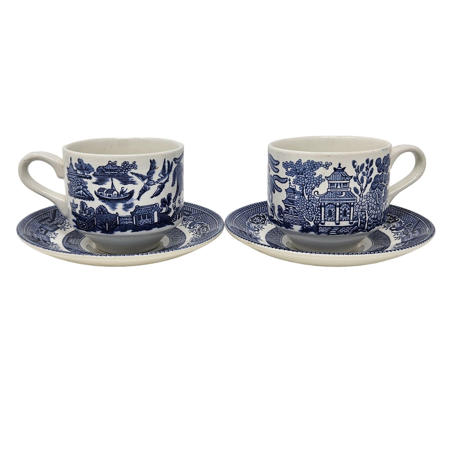 Vintage Churchill Blue White Willow Tea Cup and Saucer Set of 2 England 1950s