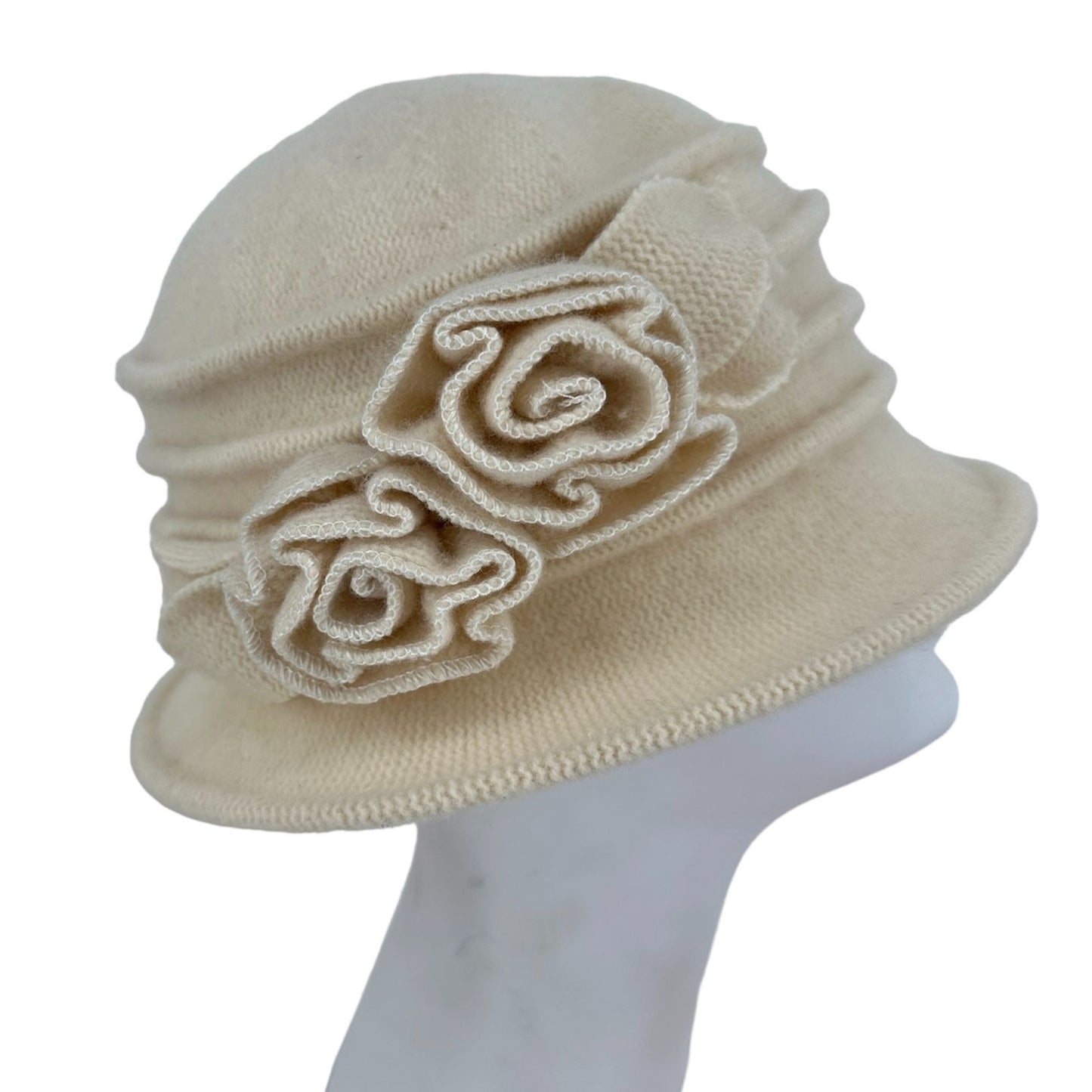 Lawliet Women Cream Cloche Hat Cap Wool Knit Gatsby Floral Accent Packable Retro