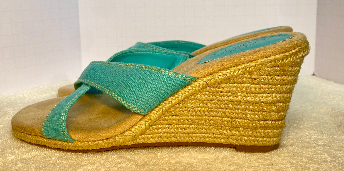 Ann Taylor Loft Size 6 Turquoise Wedge Espadrille Sandal Crisscross Fabric Strap
