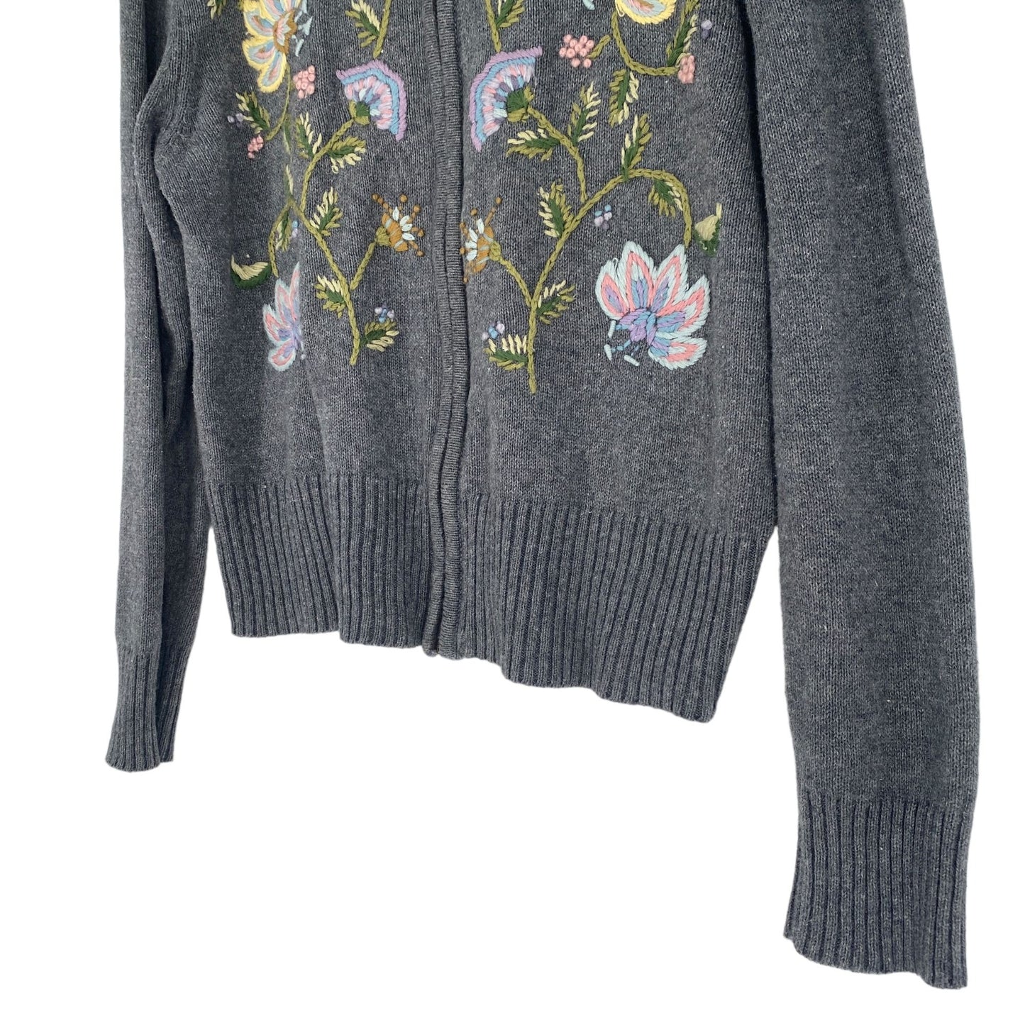 Vintage Tiara Womens M Grey Cardigan Floral Embroidered Full Zip Sweater Cottage