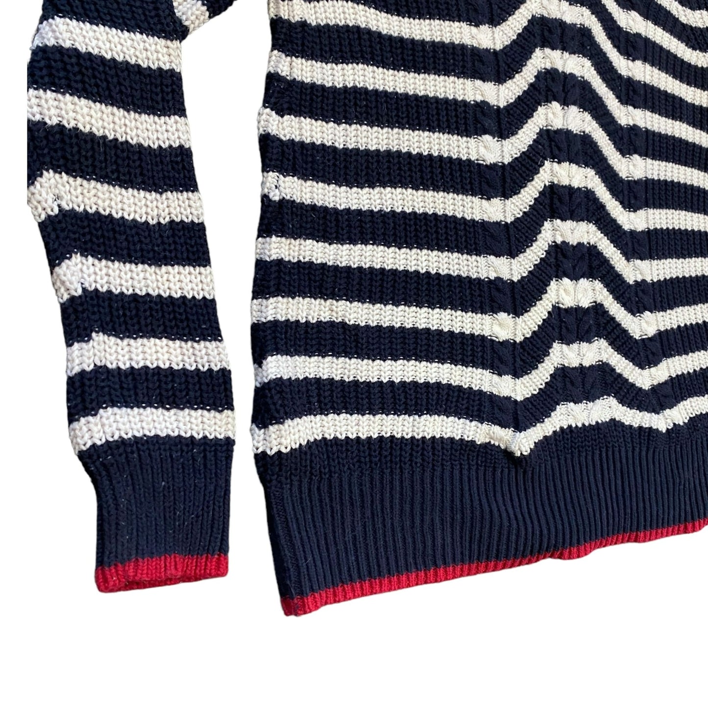 LOFT S Striped Sweater Blue Red White Mock Neck Boyfriend Cable Knit Ribbed