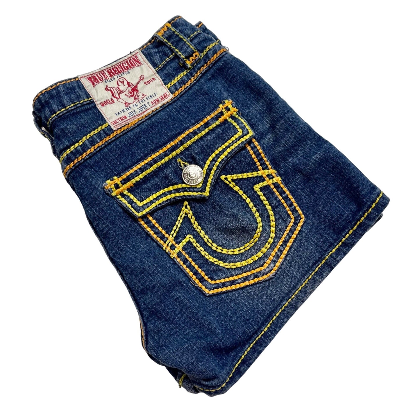 True Religion Womens 32 Joey Super T Shorts Blue Denim Thick Yellow Stitching