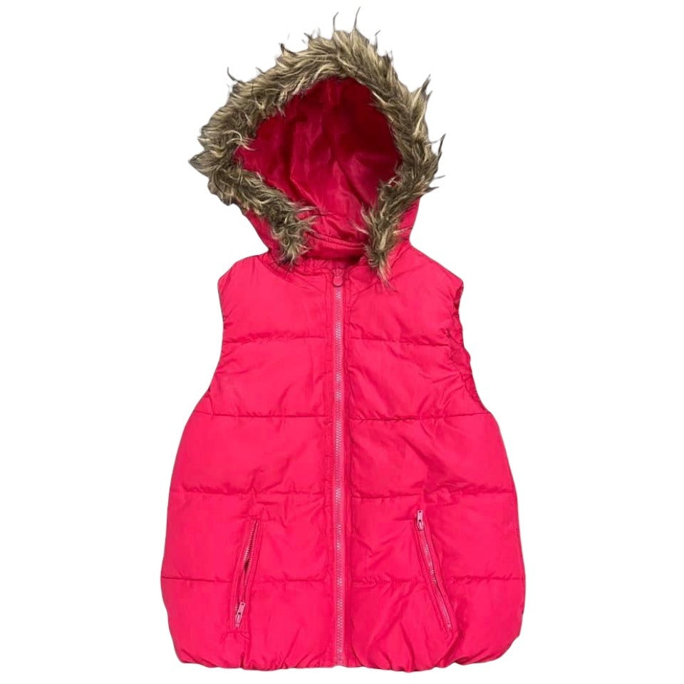 Justice 14 Pink Puffer Vest Faux Fur Lined Full Zip Removable Hoodie Girls