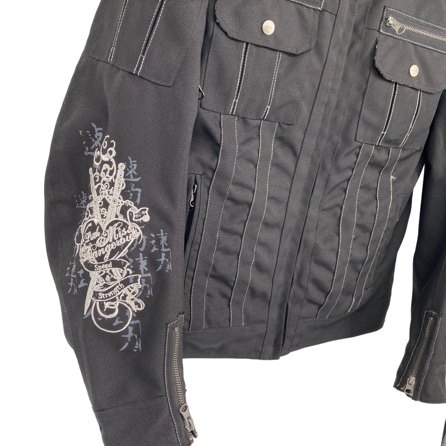 Speed and Strength L Black Motorcycle Jacket Embroidered “Little Miss Dangerous”