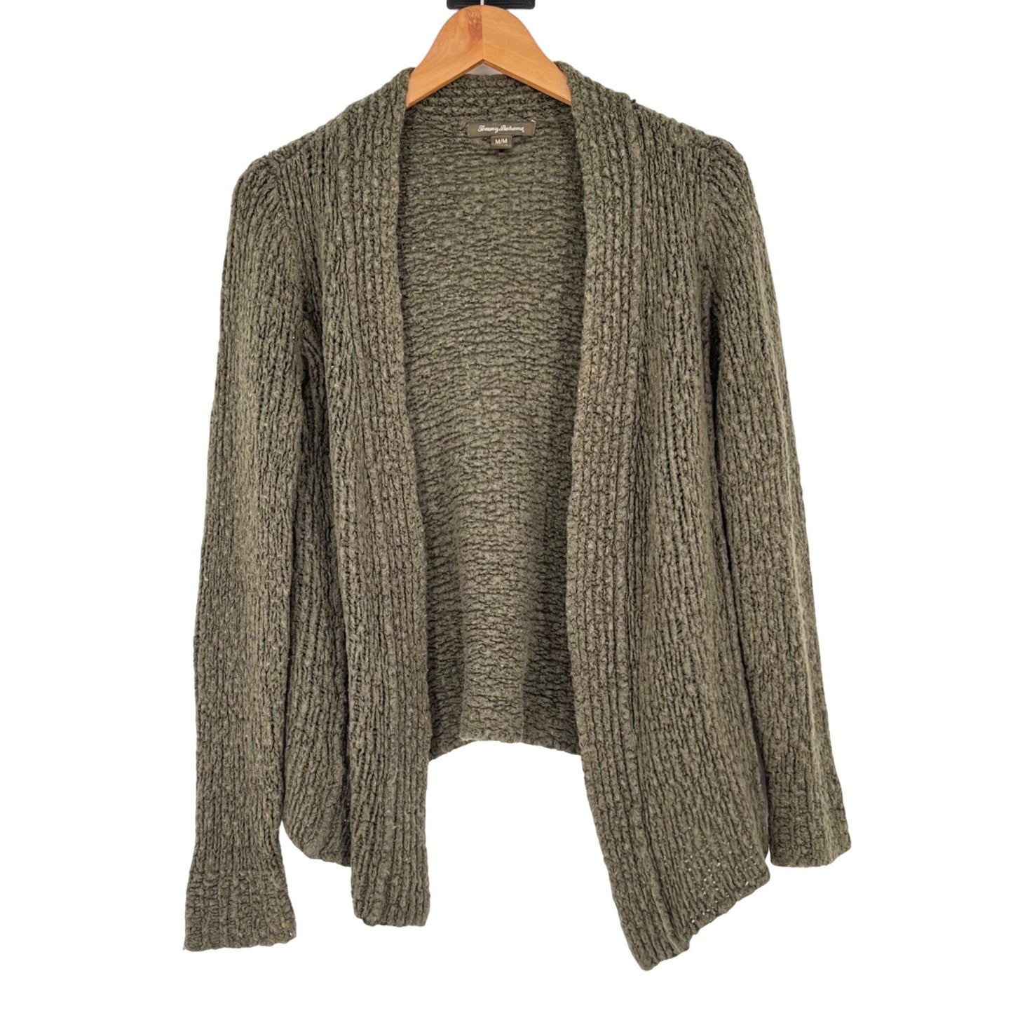 Tommy Bahama M Olive Green Open Front Cardigan Wool Blend Long Sleeve Knitted