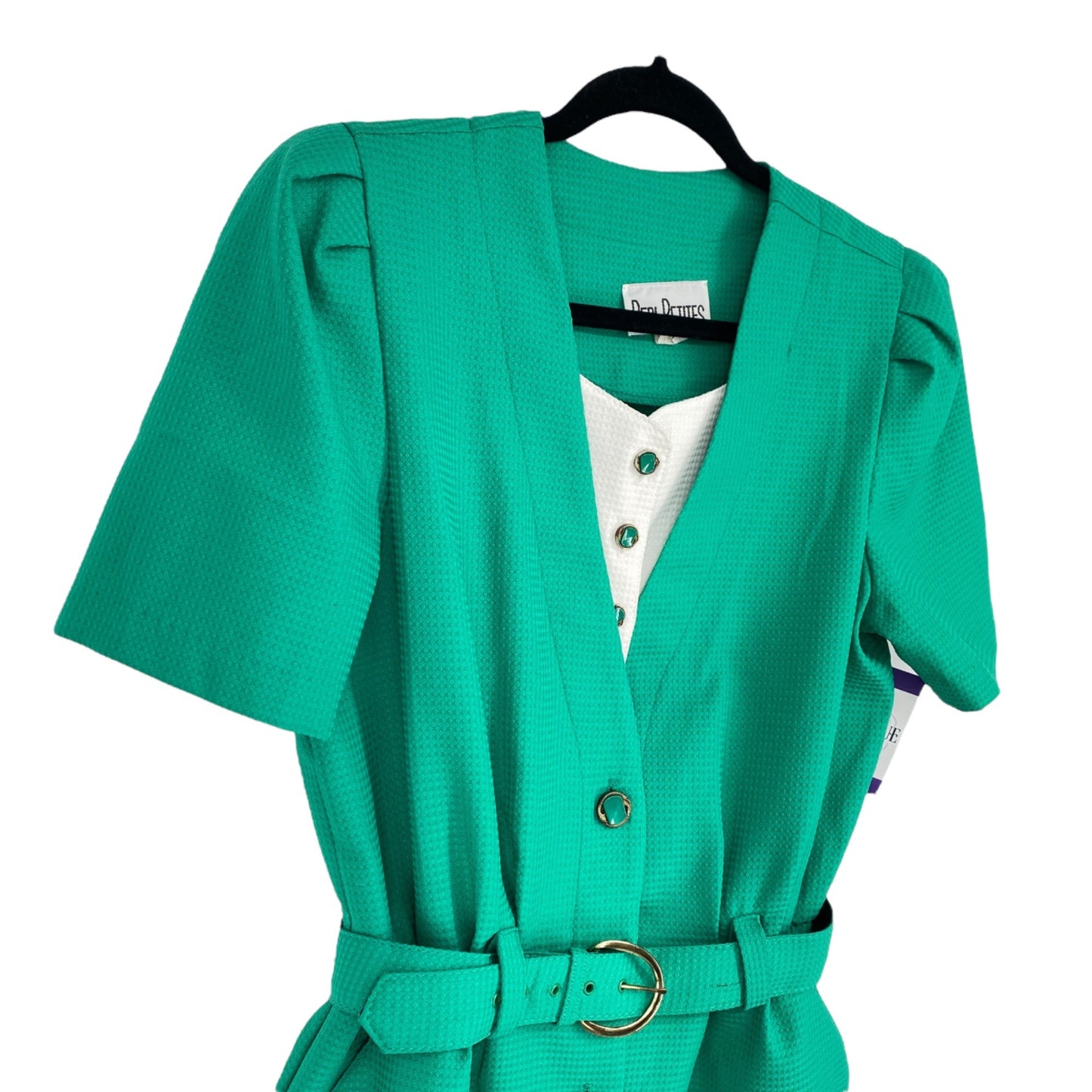 Vtg Peri Petites 80s Dress Kelly Green 14 Button Front Belted Pockets USA Office