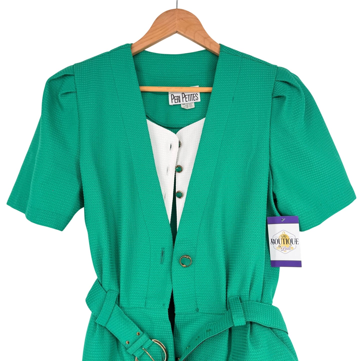 Vtg Peri Petites 80s Dress Kelly Green 14 Button Front Belted Pockets USA Office