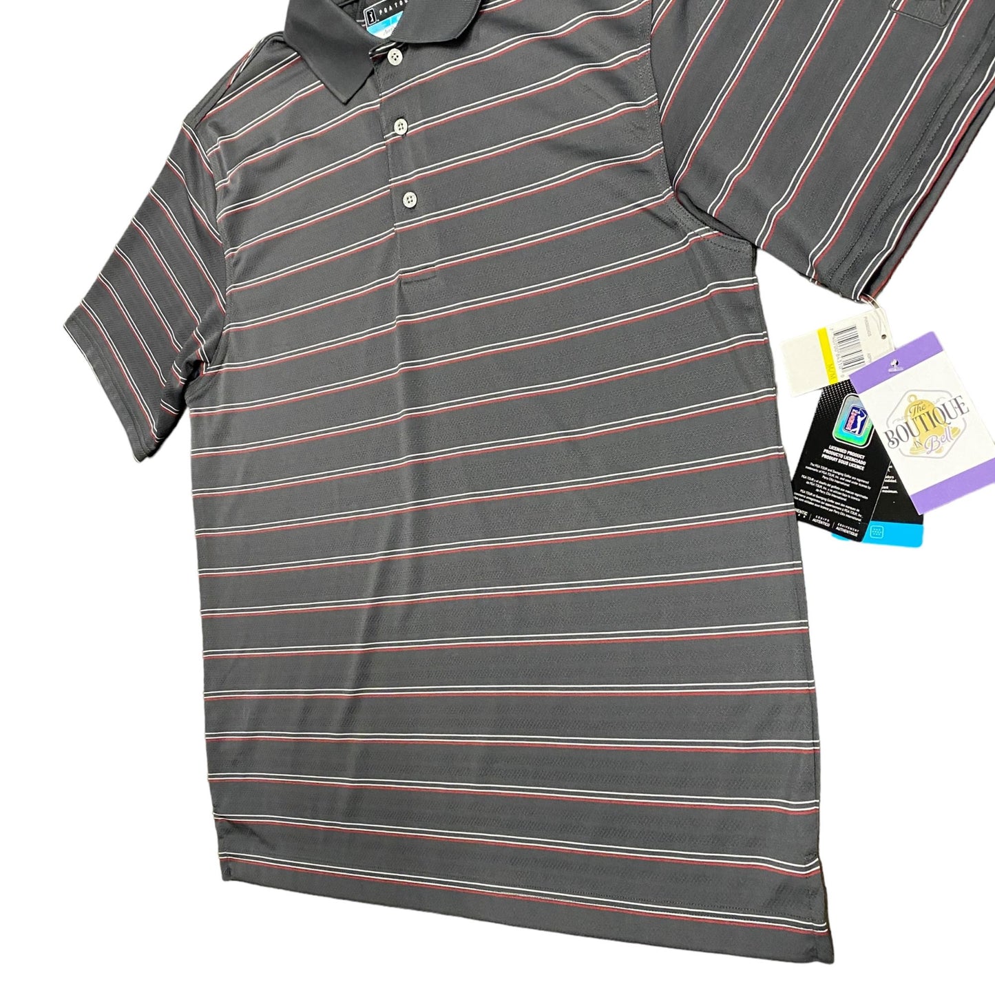 NWT PGA Tour Airflux Mens M Striped Golf Polo Shirt Grey Red Short Sleeve