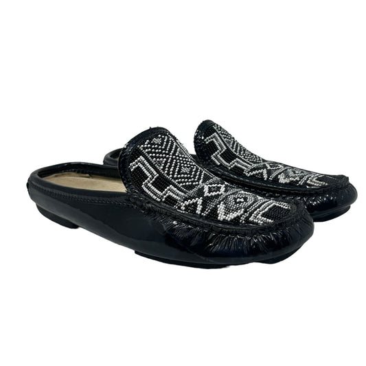 Donald Pliner Patent Leather Slides Mules 6.5M Black Shoes Beaded Native Pattern