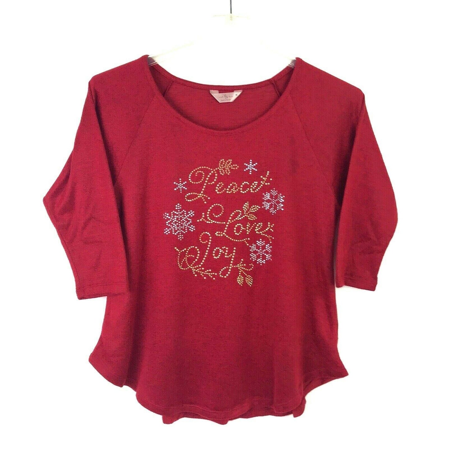 SJS Peace Love Joy Red Christmas Blouse Bling Sparkle 3/4 Sleeve Top Shirt M