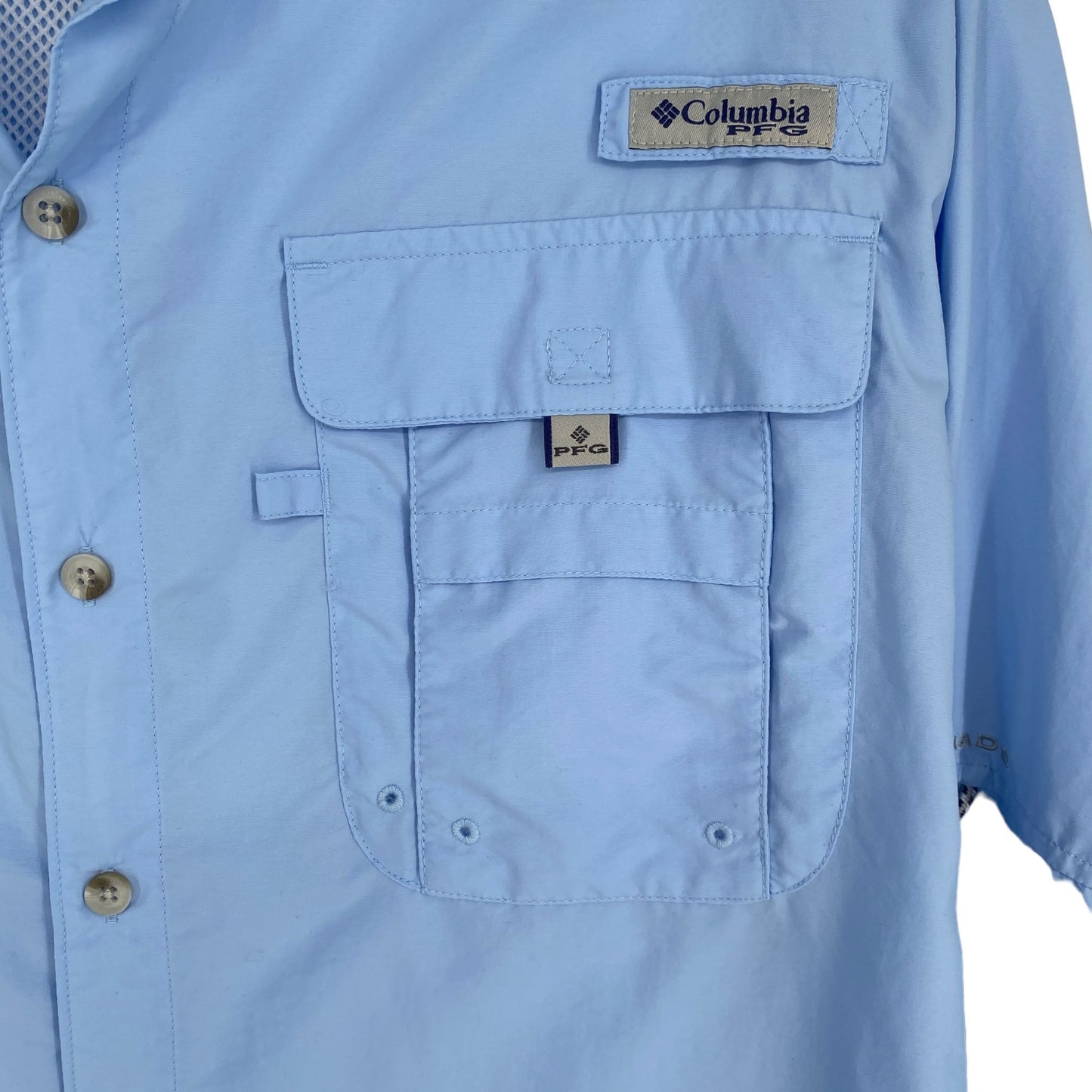 Columbia PFG Omni-Shade Mens L Blue Fishing Shirt Long Sleeve Button Up Vented