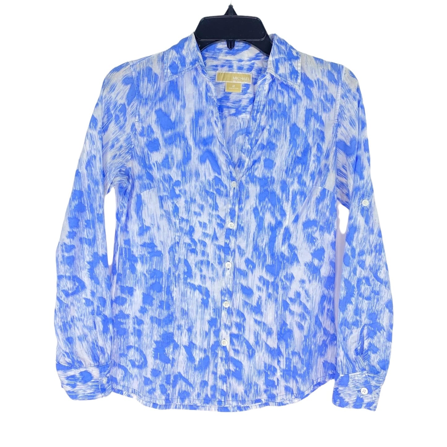 Michael Kors 2 Blue Aztec Print Blouse White Roll Tab Long Sleeve Button Up